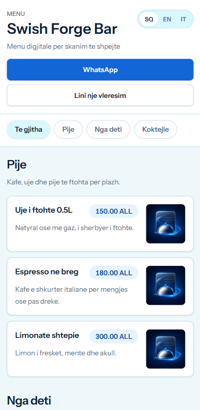 Swish Forge mobile public menu